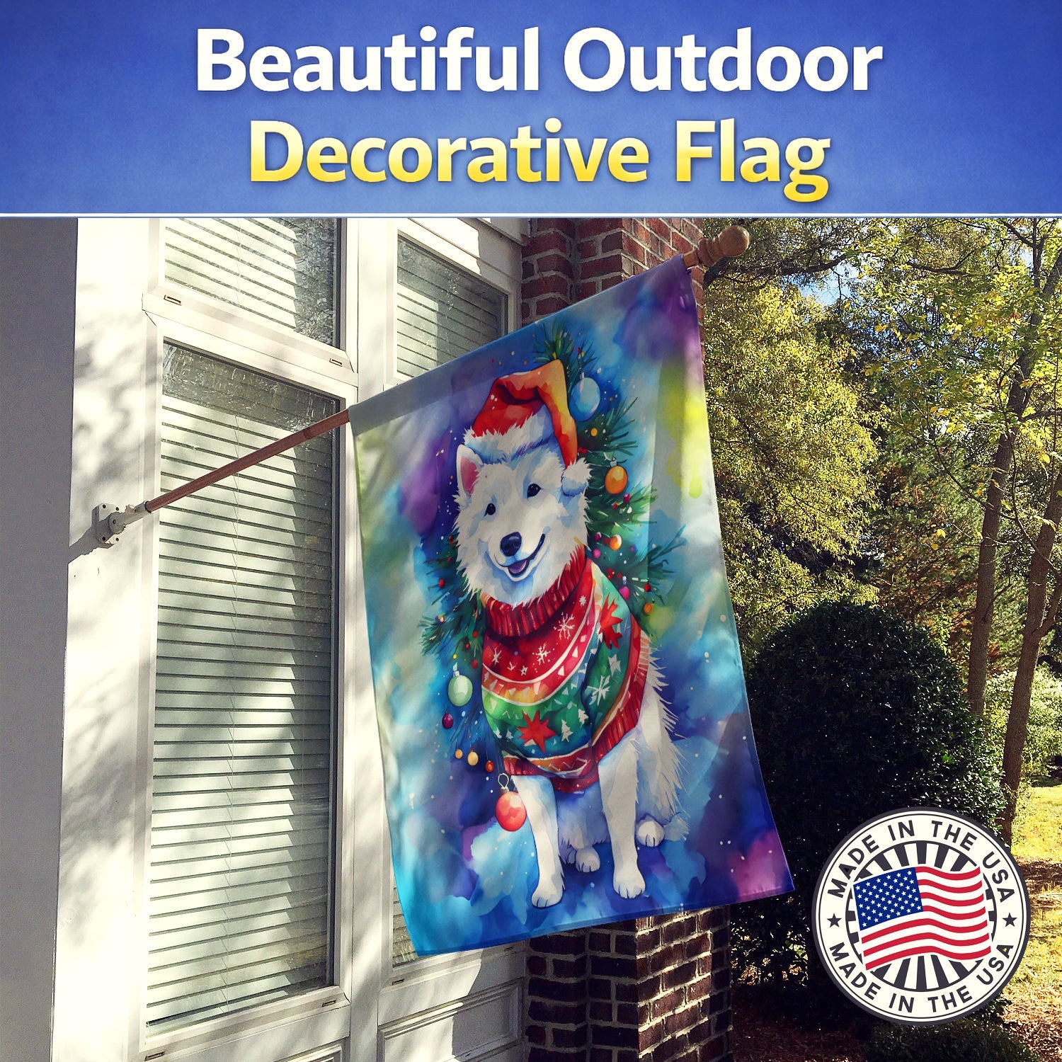 American Eskimo Christmas House Flag 28x40 Porch Sleeve Pole Decorative Outside Yard Banner Artwork Wall Hanging, Polyester