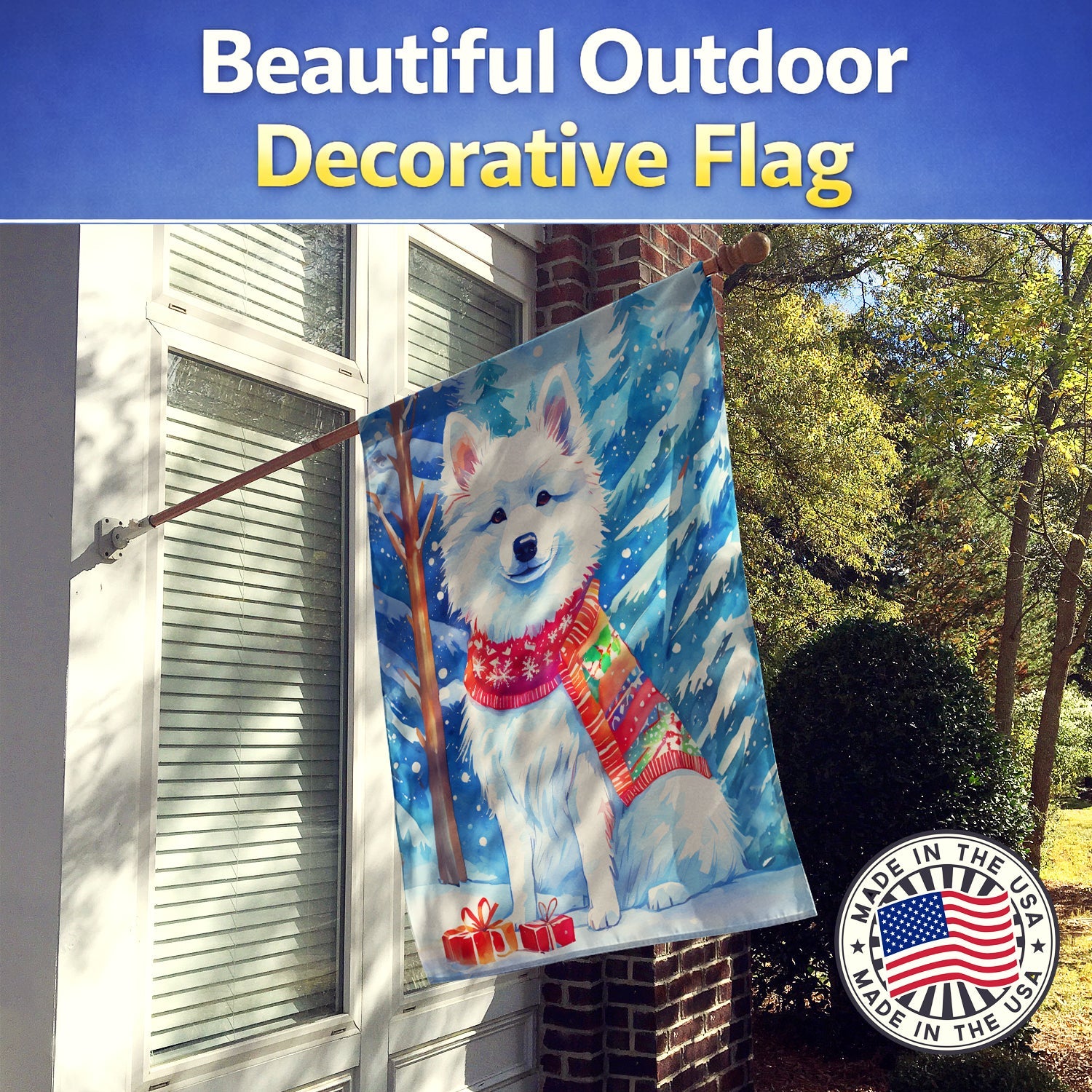American Eskimo Christmas House Flag 28x40 Porch Sleeve Pole Decorative Outside Yard Banner Artwork Wall Hanging, Polyester
