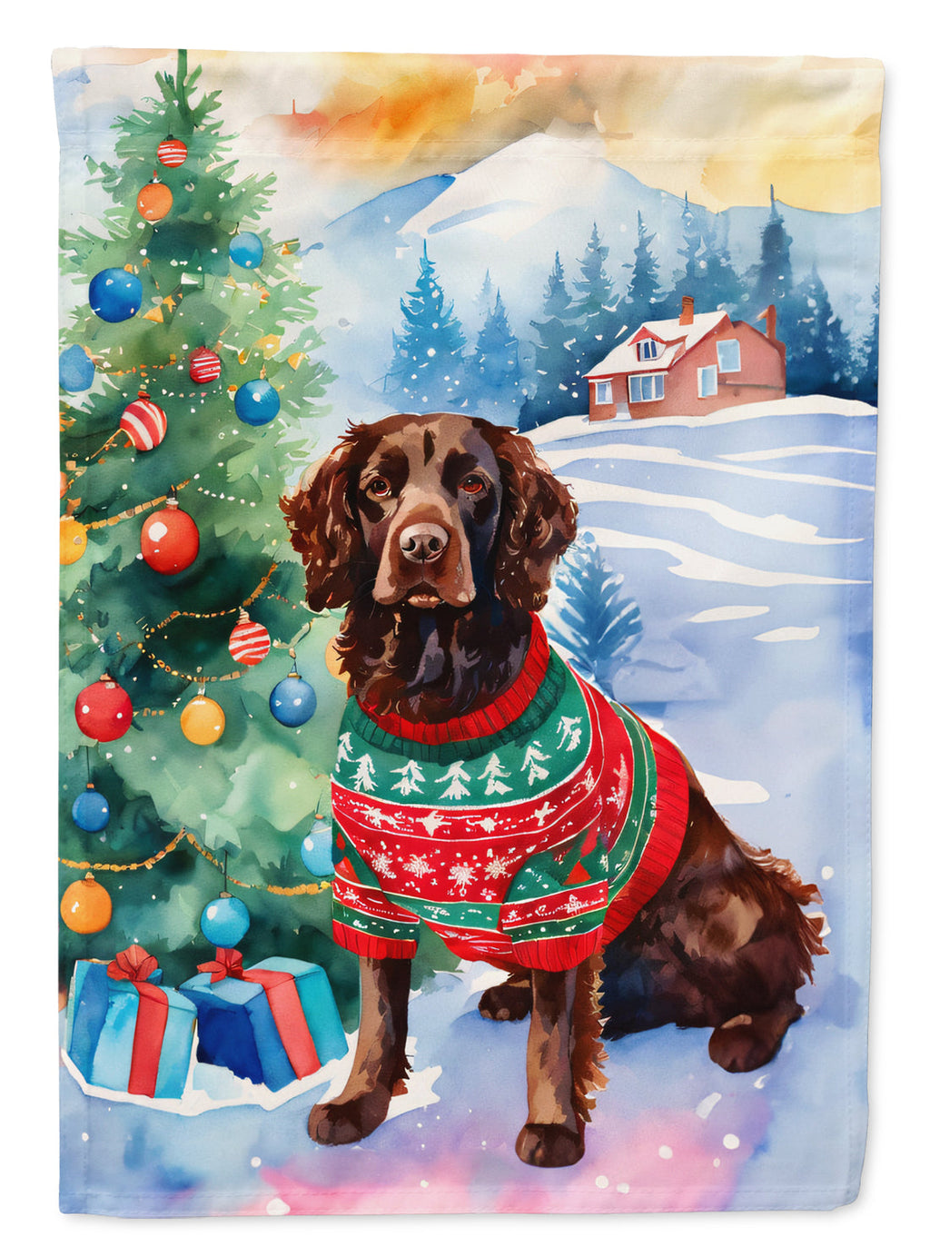 American Water Spaniel Christmas House Flag 28x40 Porch Sleeve Pole Decorative Outside Yard Banner Artwork Wall Hanging, Polyester