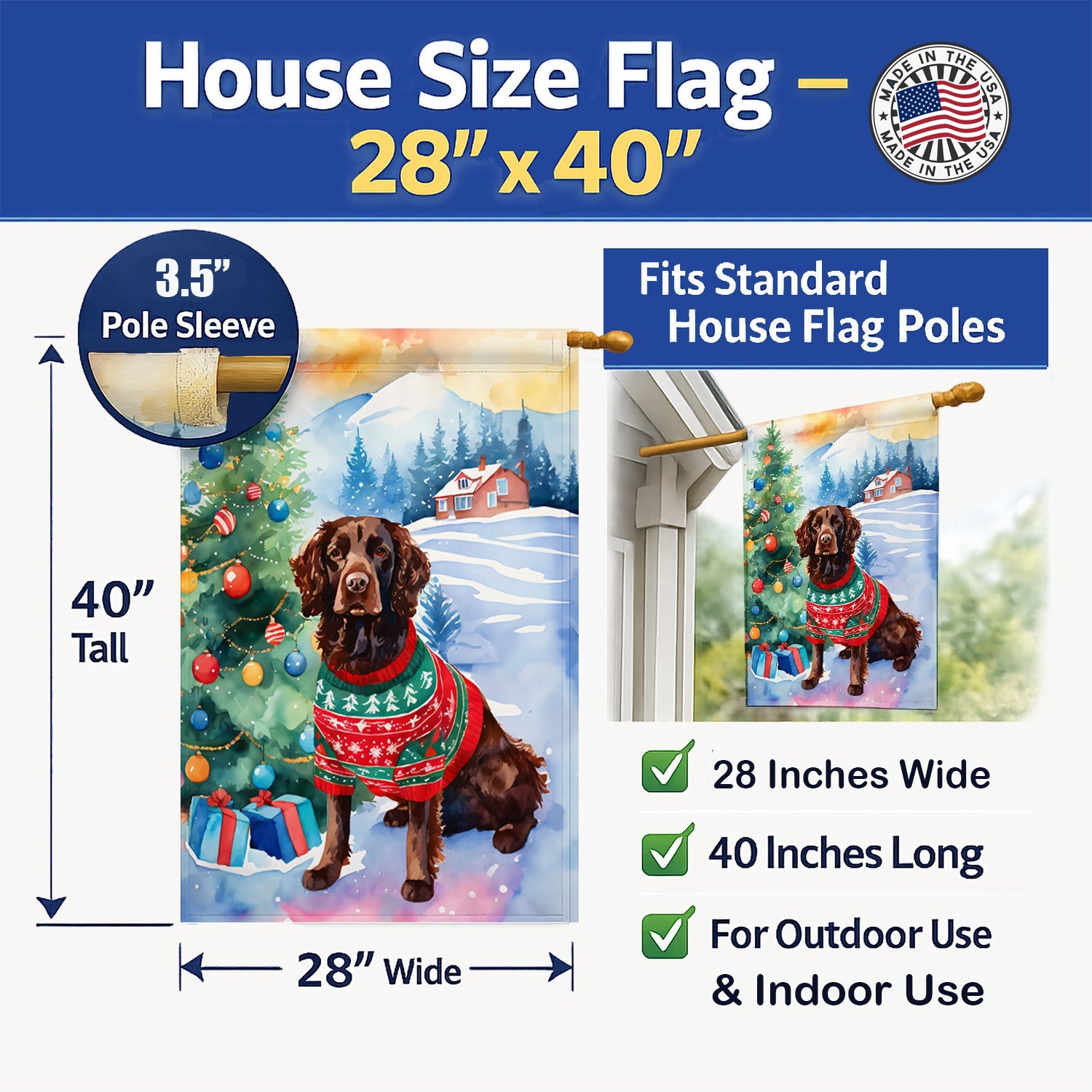 American Water Spaniel Christmas House Flag 28x40 Porch Sleeve Pole Decorative Outside Yard Banner Artwork Wall Hanging, Polyester