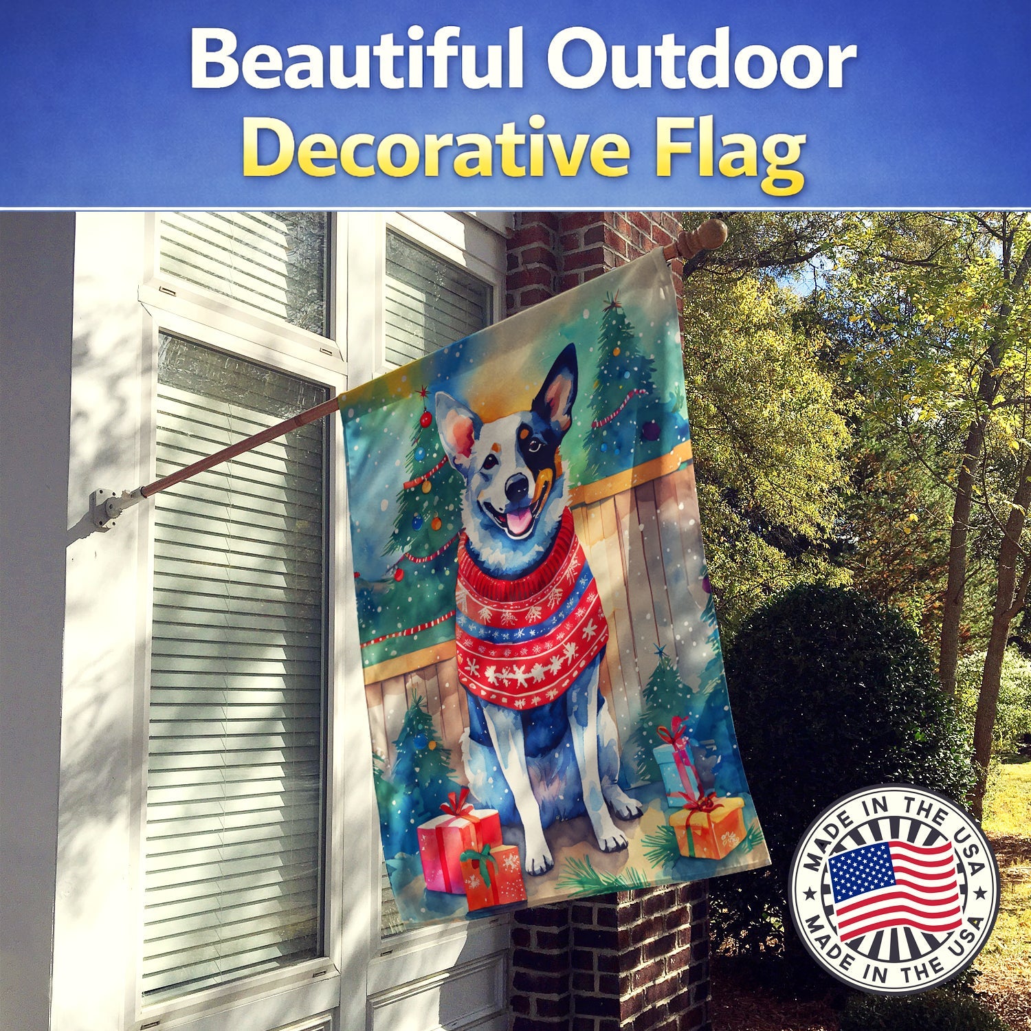 Australian Cattle Dog Christmas House Flag 28x40 Porch Sleeve Pole Decorative Outside Yard Banner Artwork Wall Hanging, Polyester