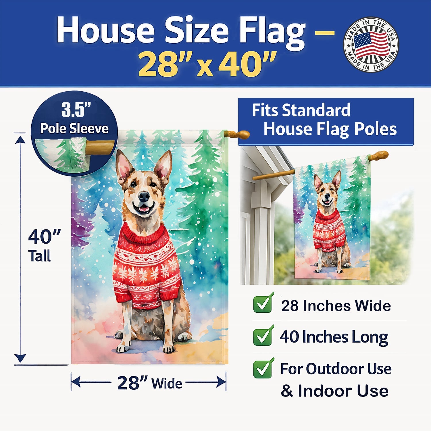 Australian Cattle Dog Christmas House Flag 28x40 Porch Sleeve Pole Decorative Outside Yard Banner Artwork Wall Hanging, Polyester