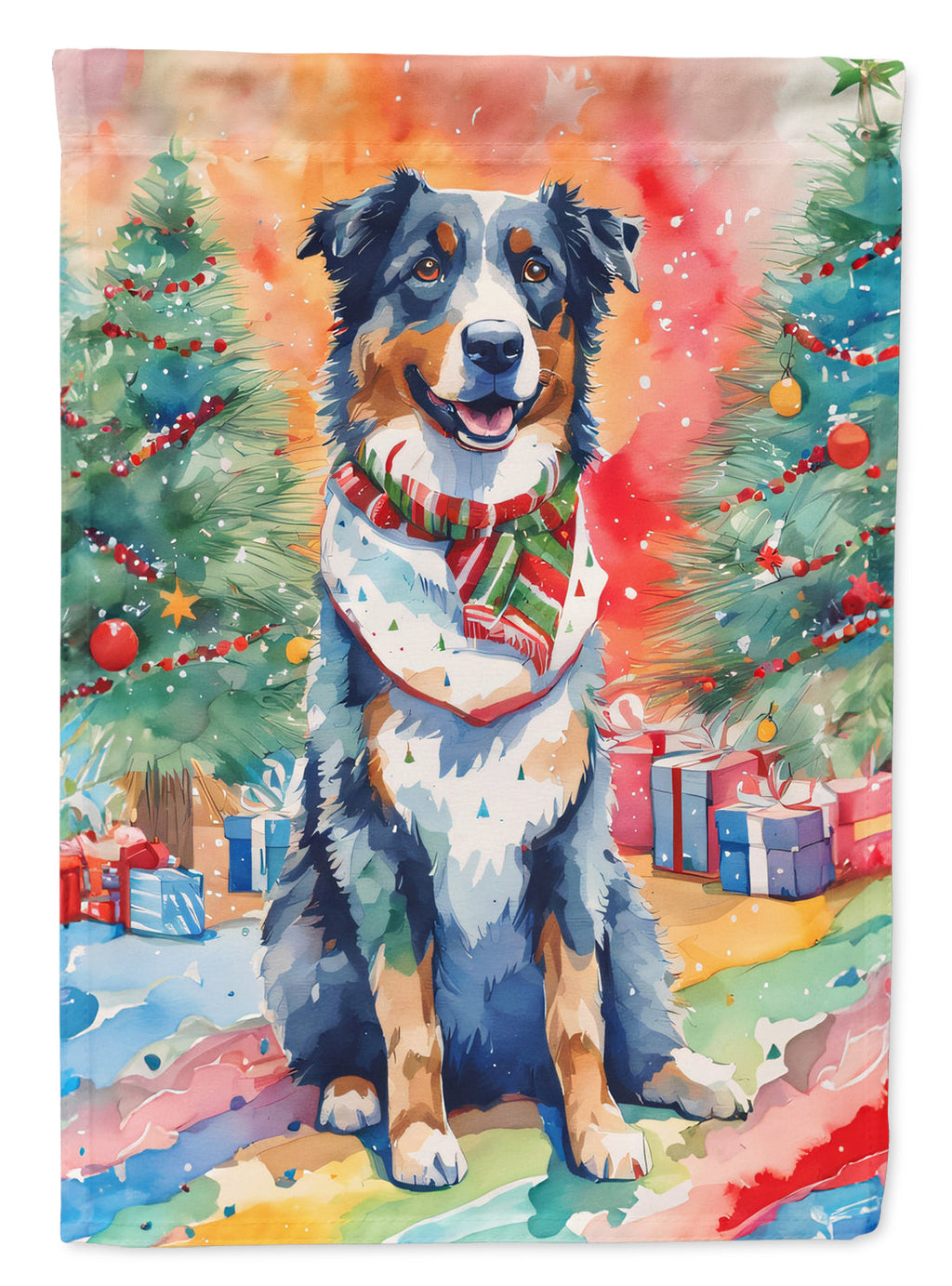 Australian Shepherd Christmas House Flag 28x40 Porch Sleeve Pole Decorative Outside Yard Banner Artwork Wall Hanging, Polyester