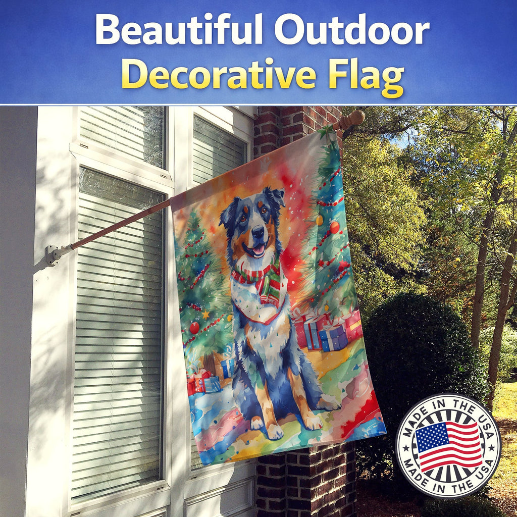 Australian Shepherd Christmas House Flag 28x40 Porch Sleeve Pole Decorative Outside Yard Banner Artwork Wall Hanging, Polyester