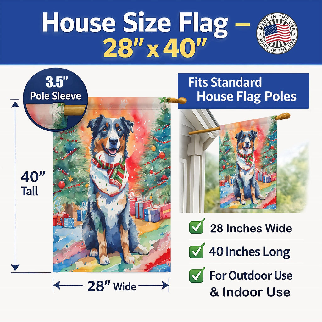 Australian Shepherd Christmas House Flag 28x40 Porch Sleeve Pole Decorative Outside Yard Banner Artwork Wall Hanging, Polyester