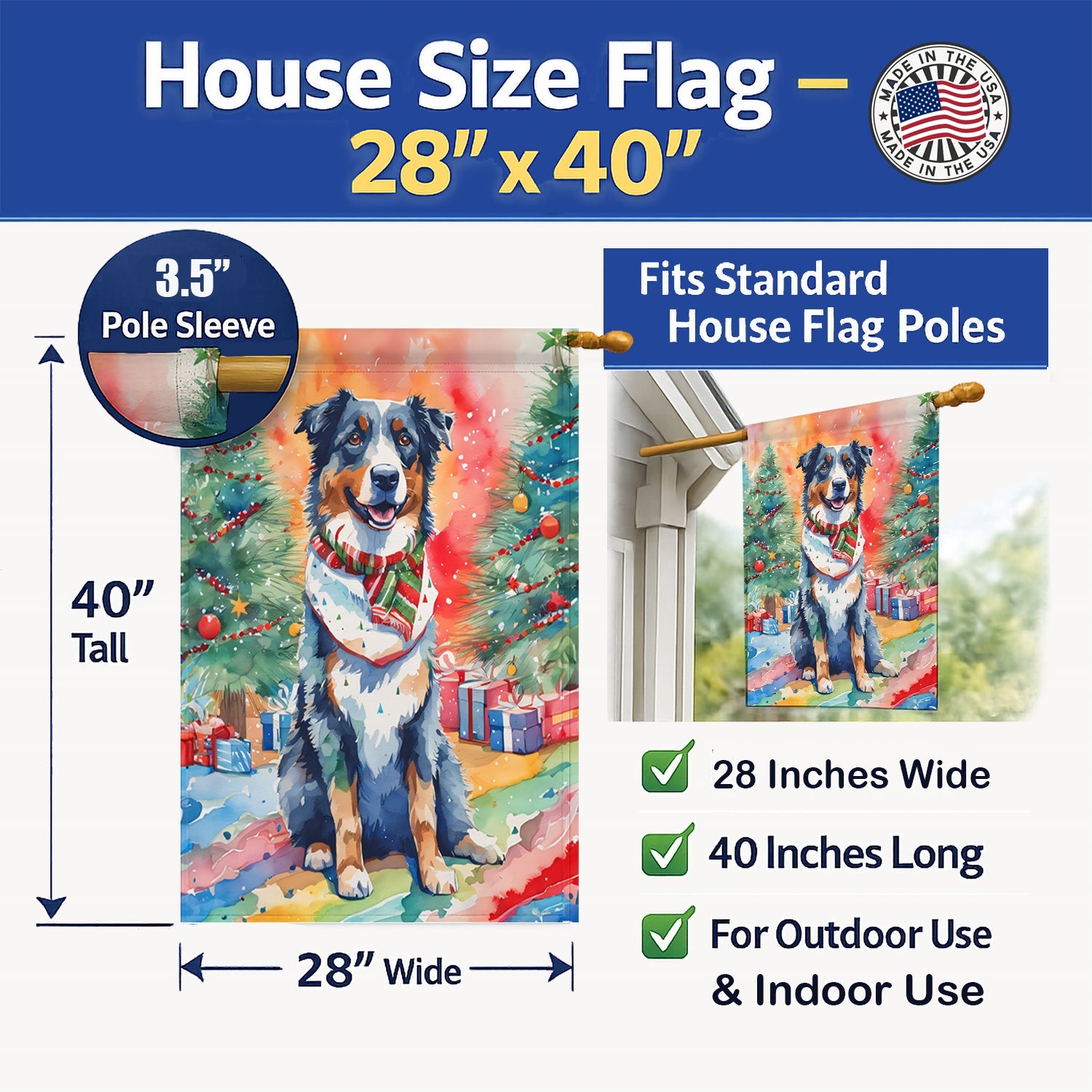 Australian Shepherd Christmas House Flag 28x40 Porch Sleeve Pole Decorative Outside Yard Banner Artwork Wall Hanging, Polyester