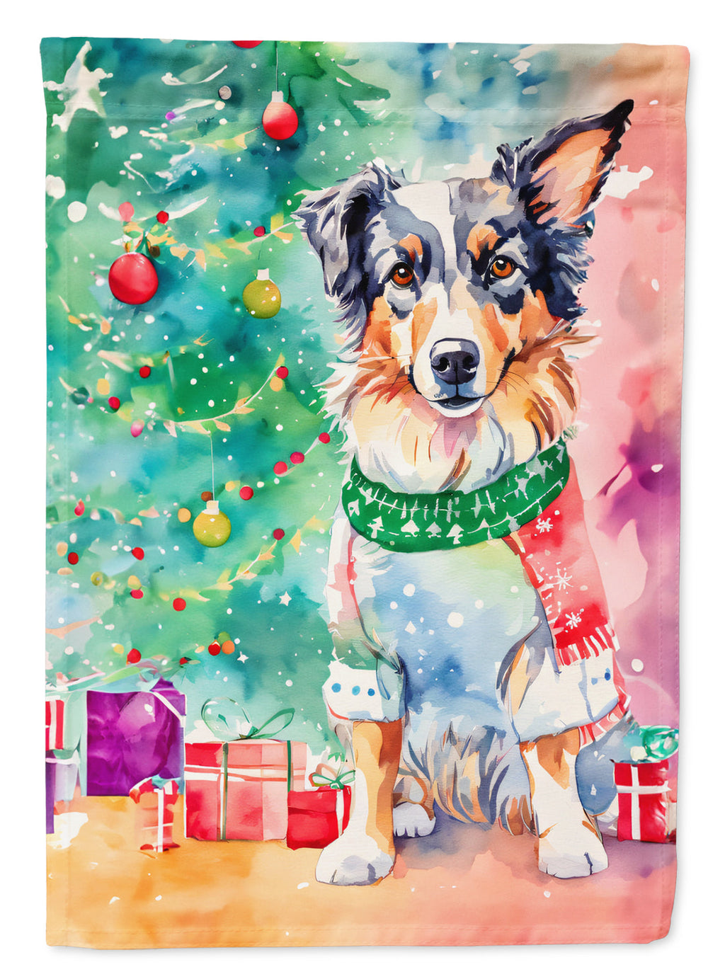 Australian Shepherd Christmas House Flag 28x40 Porch Sleeve Pole Decorative Outside Yard Banner Artwork Wall Hanging, Polyester