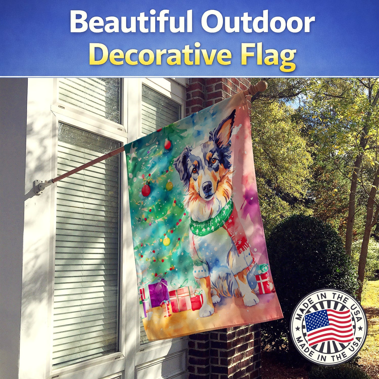 Australian Shepherd Christmas House Flag 28x40 Porch Sleeve Pole Decorative Outside Yard Banner Artwork Wall Hanging, Polyester