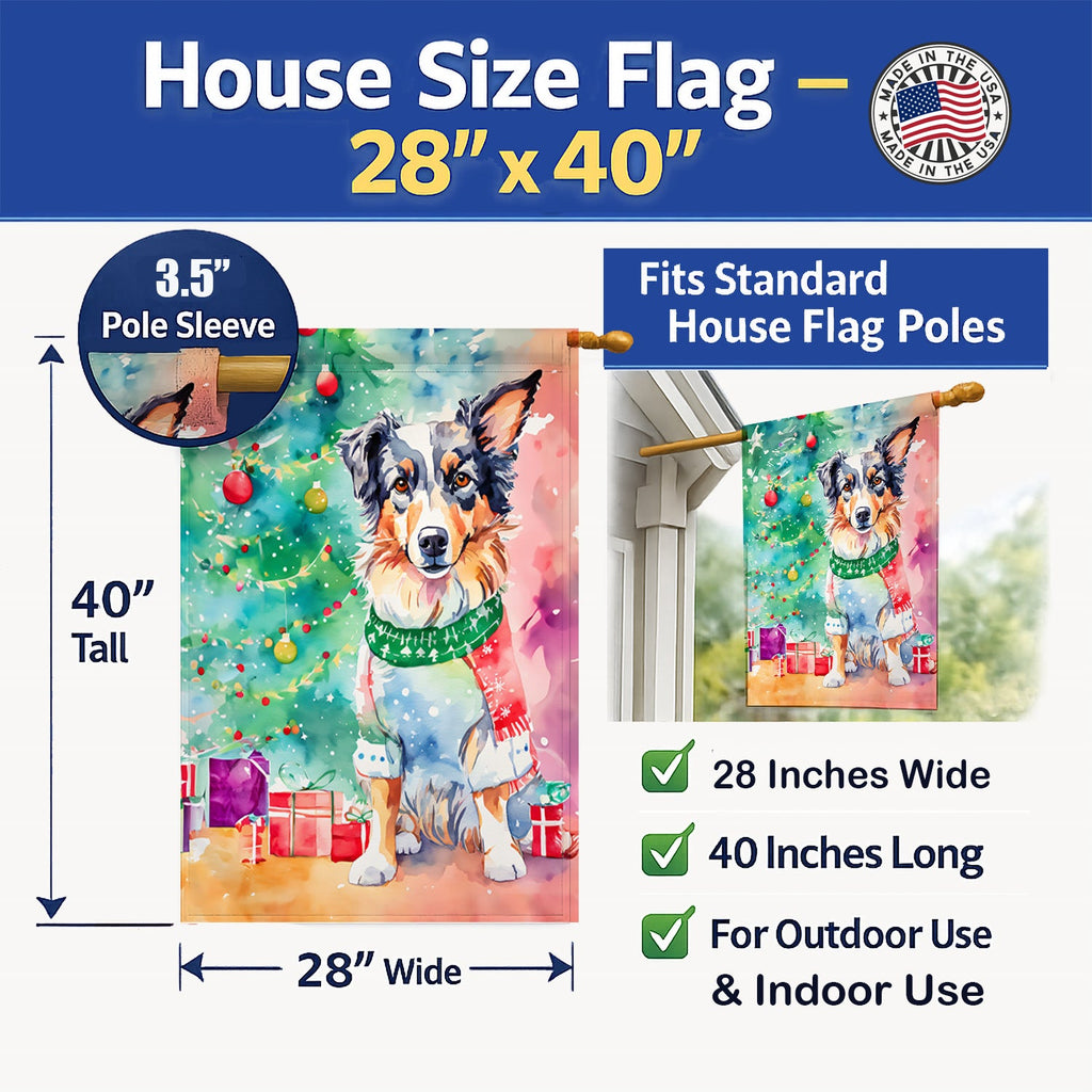 Australian Shepherd Christmas House Flag 28x40 Porch Sleeve Pole Decorative Outside Yard Banner Artwork Wall Hanging, Polyester