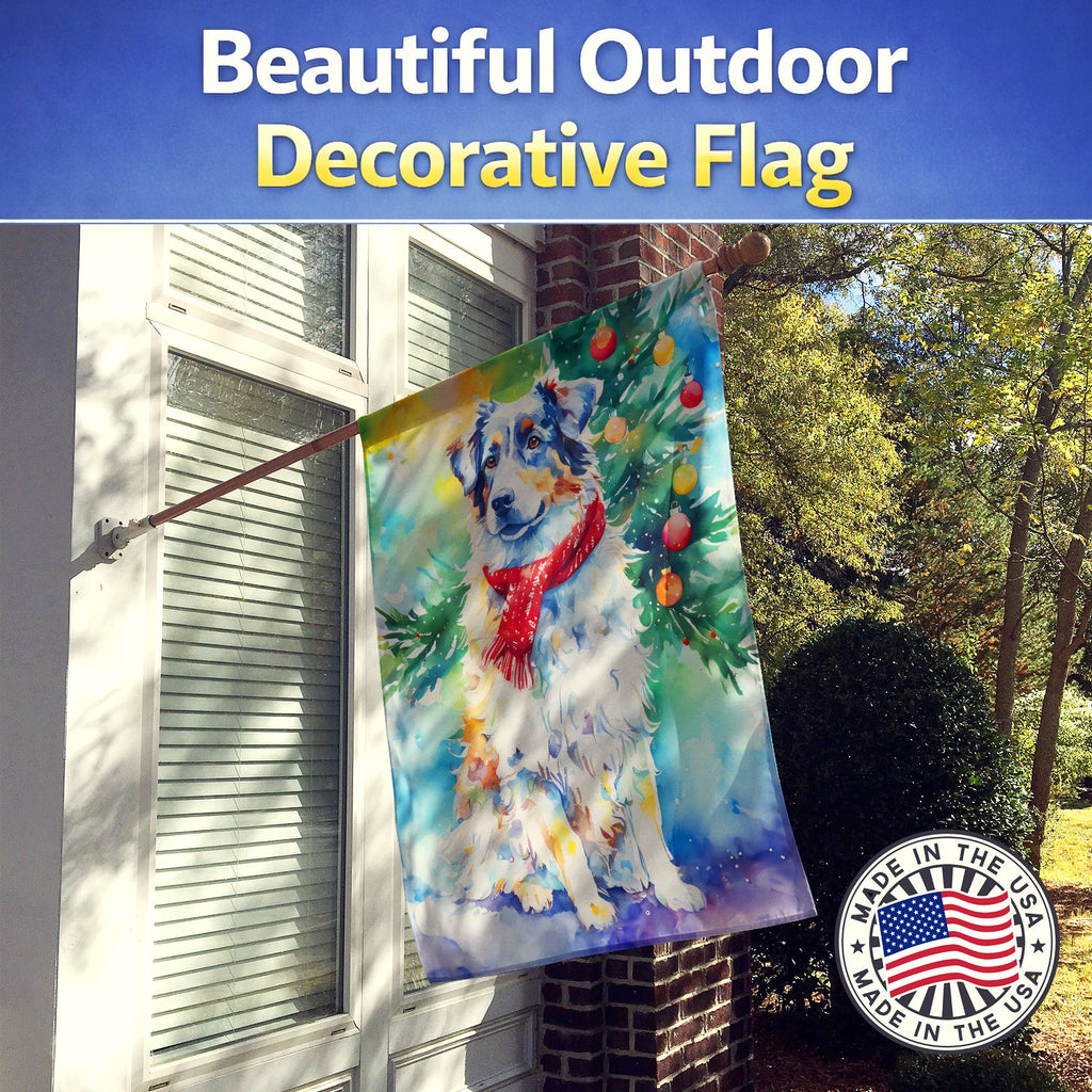 Australian Shepherd Christmas House Flag 28x40 Porch Sleeve Pole Decorative Outside Yard Banner Artwork Wall Hanging, Polyester