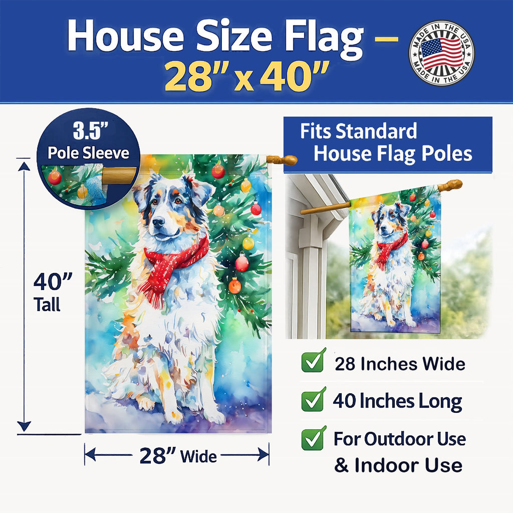 Australian Shepherd Christmas House Flag 28x40 Porch Sleeve Pole Decorative Outside Yard Banner Artwork Wall Hanging, Polyester