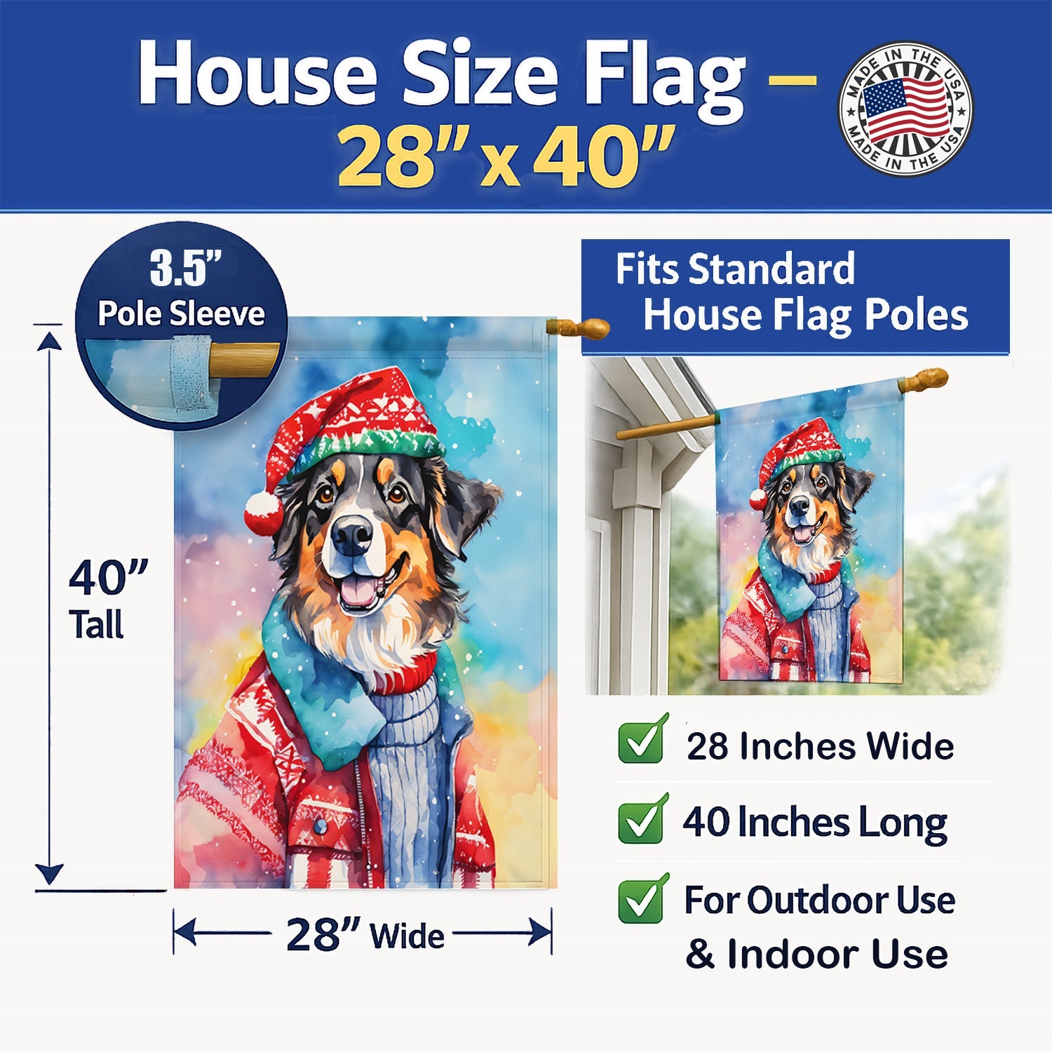 Australian Shepherd Christmas House Flag 28x40 Porch Sleeve Pole Decorative Outside Yard Banner Artwork Wall Hanging, Polyester