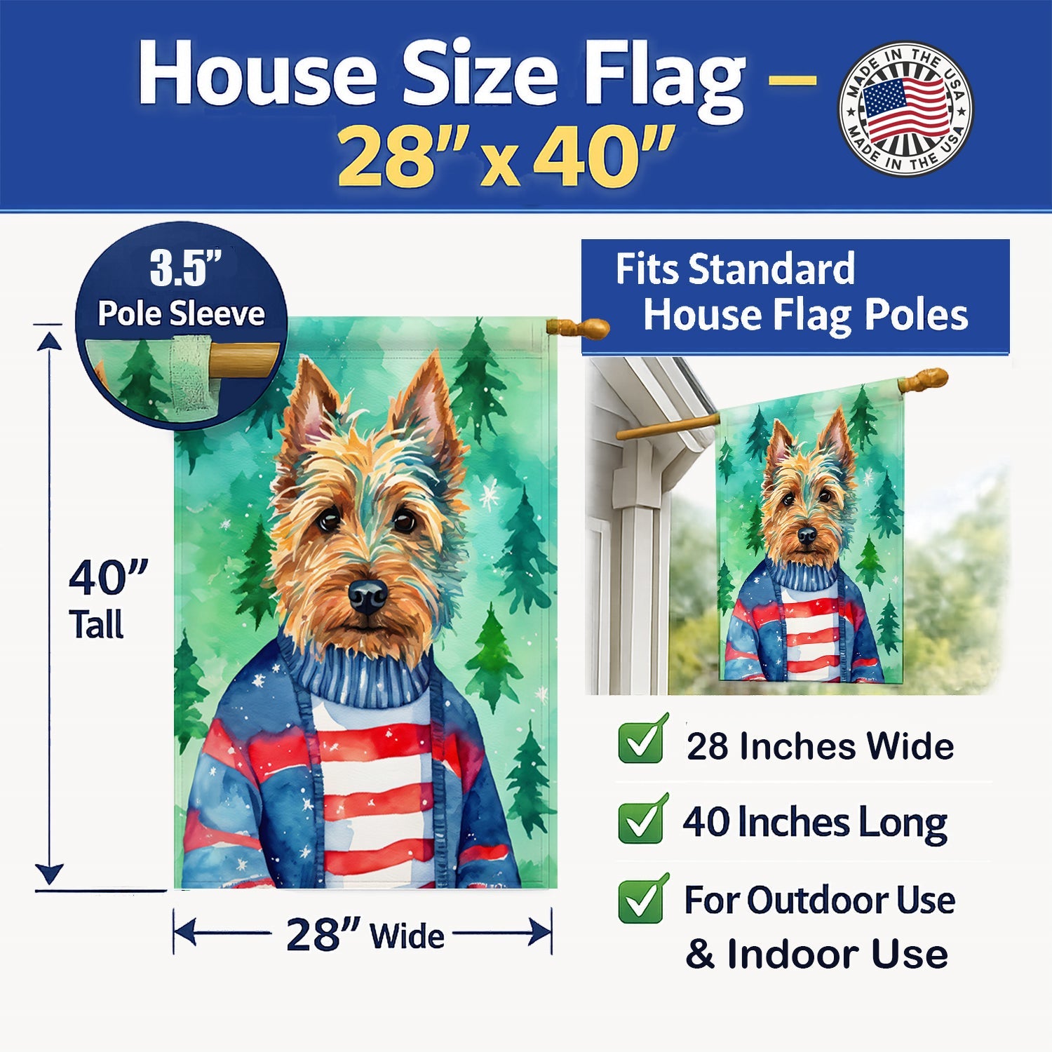 Australian Terrier Christmas House Flag 28x40 Porch Sleeve Pole Decorative Outside Yard Banner Artwork Wall Hanging, Polyester