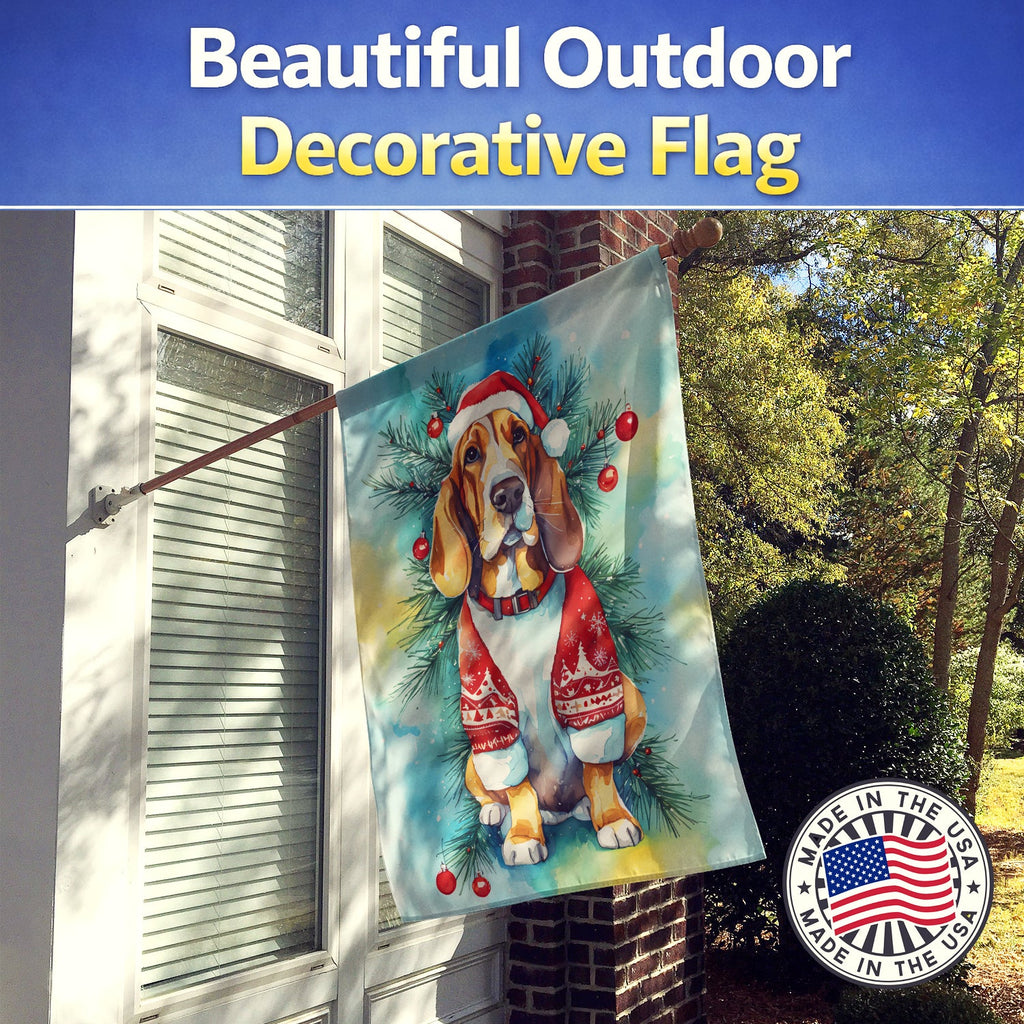 Basset Hound Christmas House Flag 28x40 Porch Sleeve Pole Decorative Outside Yard Banner Artwork Wall Hanging, Polyester