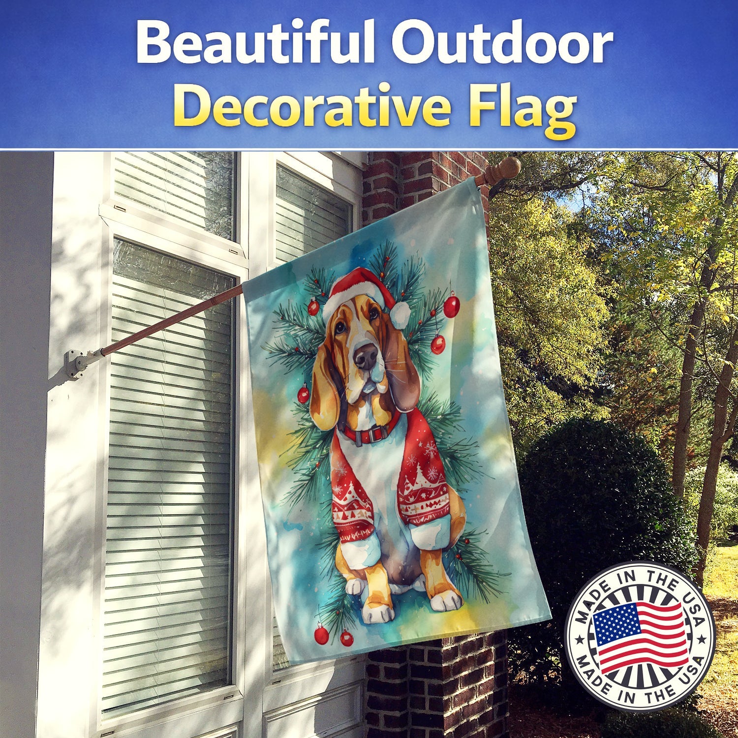 Basset Hound Christmas House Flag 28x40 Porch Sleeve Pole Decorative Outside Yard Banner Artwork Wall Hanging, Polyester