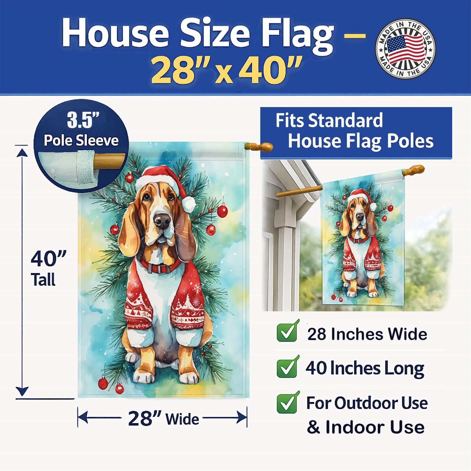 Basset Hound Christmas House Flag 28x40 Porch Sleeve Pole Decorative Outside Yard Banner Artwork Wall Hanging, Polyester