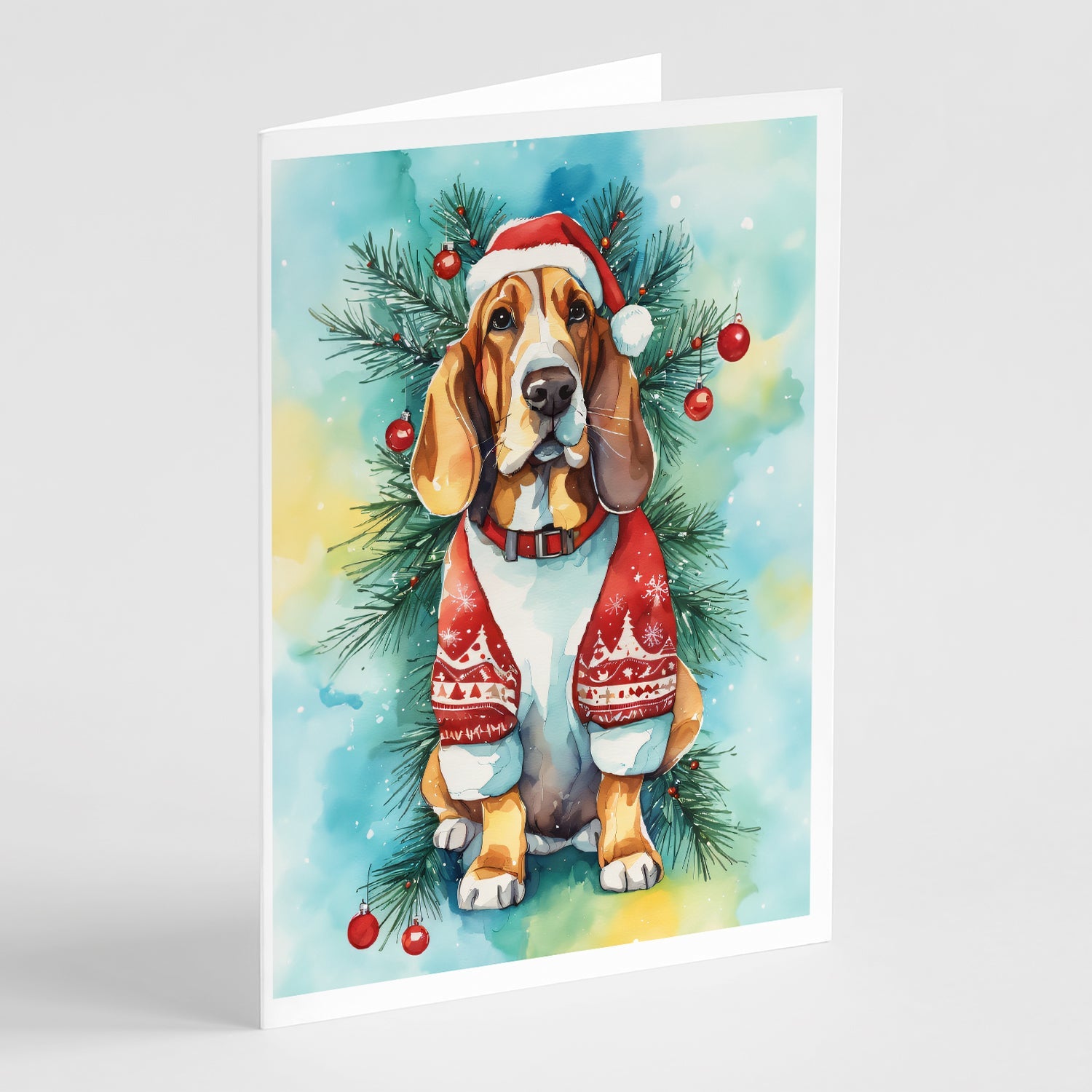 Basset Hound Christmas Greeting Cards Pack of 8 Blank Cards with Envelopes Whimsical A7 Size 5x7