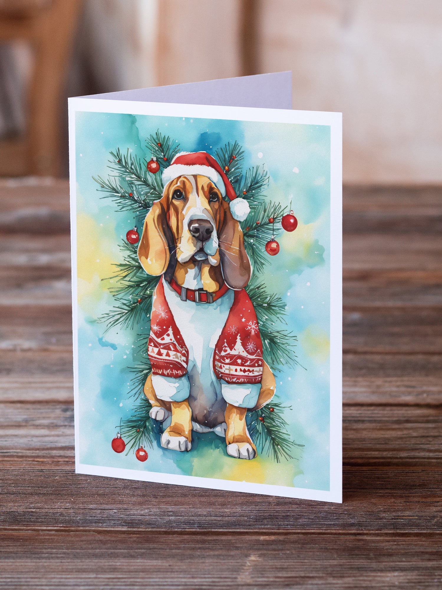 Basset Hound Christmas Greeting Cards Pack of 8 Blank Cards with Envelopes Whimsical A7 Size 5x7