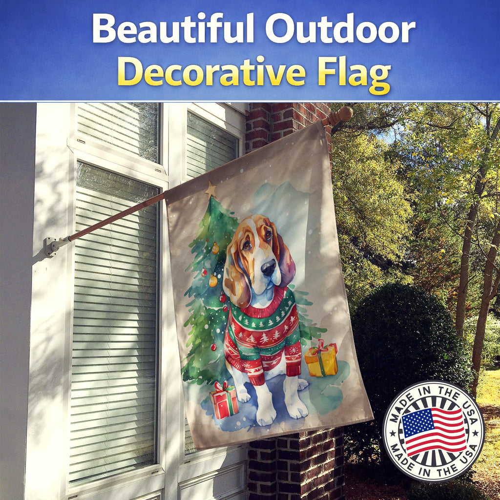 Basset Hound Christmas House Flag 28x40 Porch Sleeve Pole Decorative Outside Yard Banner Artwork Wall Hanging, Polyester