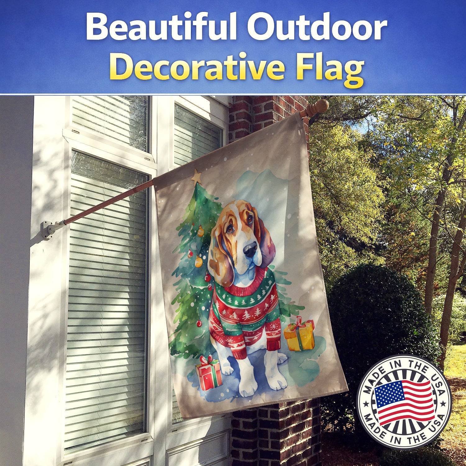 Basset Hound Christmas House Flag 28x40 Porch Sleeve Pole Decorative Outside Yard Banner Artwork Wall Hanging, Polyester