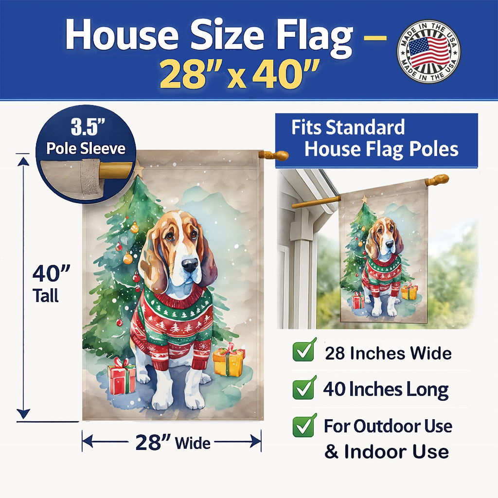 Basset Hound Christmas House Flag 28x40 Porch Sleeve Pole Decorative Outside Yard Banner Artwork Wall Hanging, Polyester