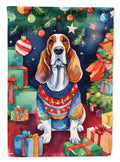 Basset Hound Christmas House Flag 28x40 Porch Sleeve Pole Decorative Outside Yard Banner Artwork Wall Hanging, Polyester
