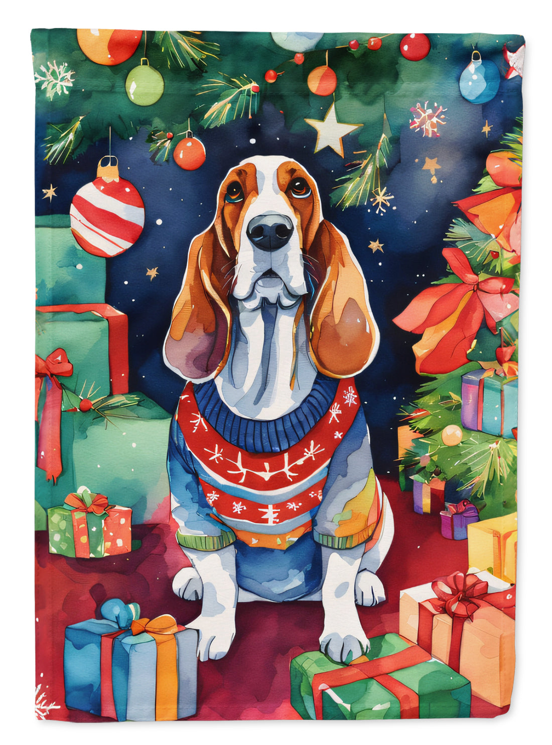 Basset Hound Christmas House Flag 28x40 Porch Sleeve Pole Decorative Outside Yard Banner Artwork Wall Hanging, Polyester
