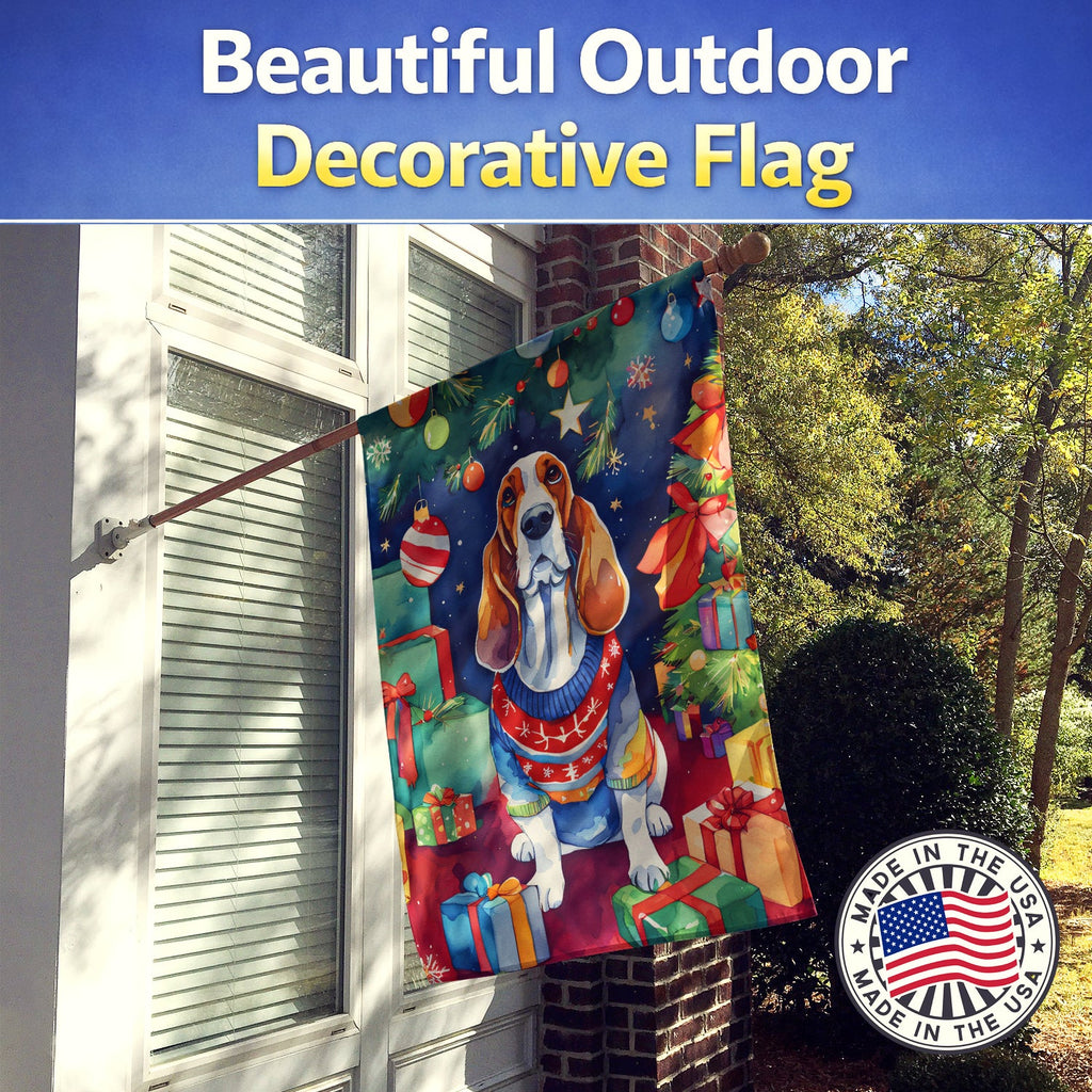 Basset Hound Christmas House Flag 28x40 Porch Sleeve Pole Decorative Outside Yard Banner Artwork Wall Hanging, Polyester