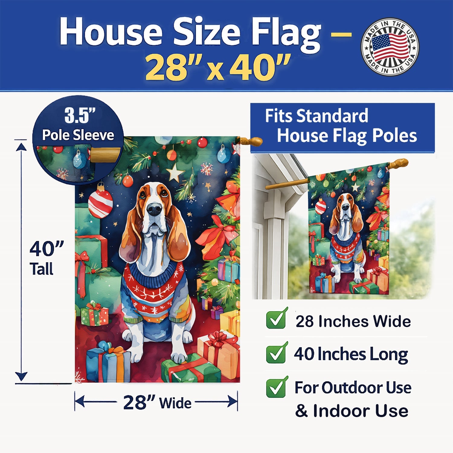 Basset Hound Christmas House Flag 28x40 Porch Sleeve Pole Decorative Outside Yard Banner Artwork Wall Hanging, Polyester