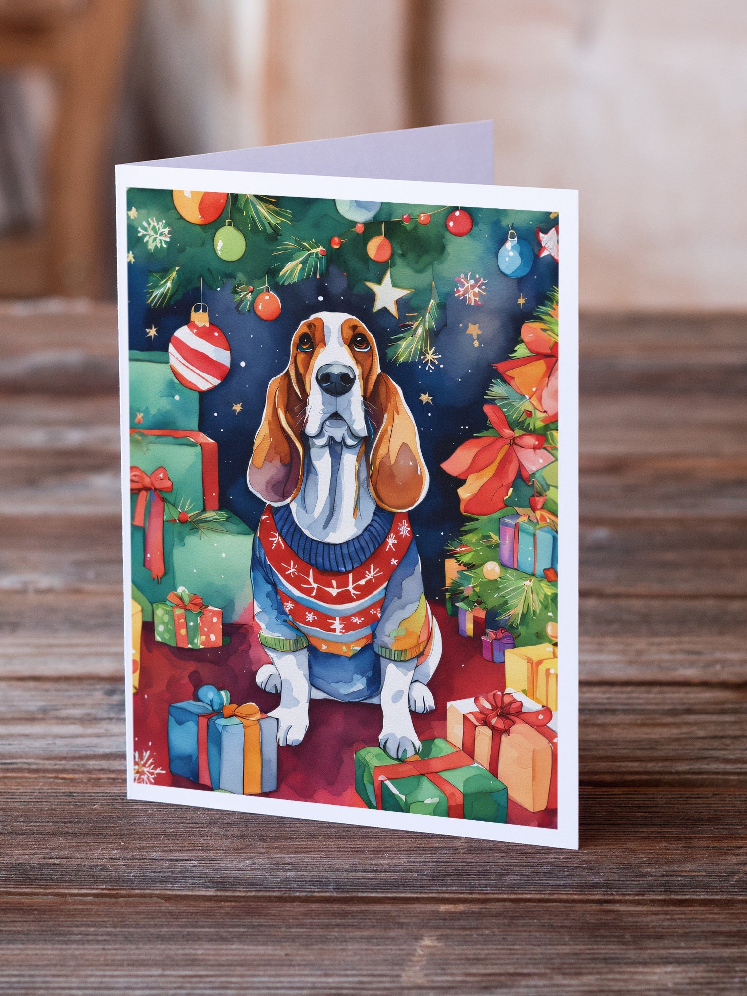 Basset Hound Christmas Greeting Cards Pack of 8 Blank Cards with Envelopes Whimsical A7 Size 5x7
