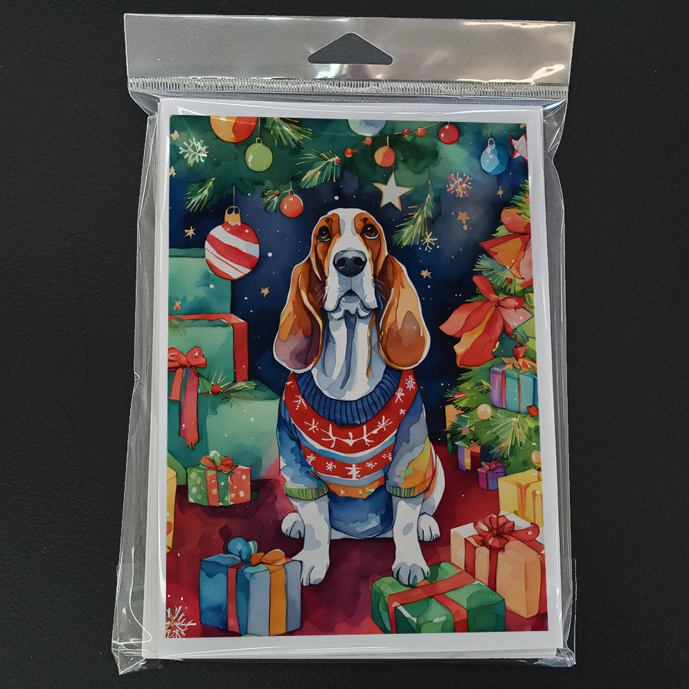 Basset Hound Christmas Greeting Cards Pack of 8 Blank Cards with Envelopes Whimsical A7 Size 5x7