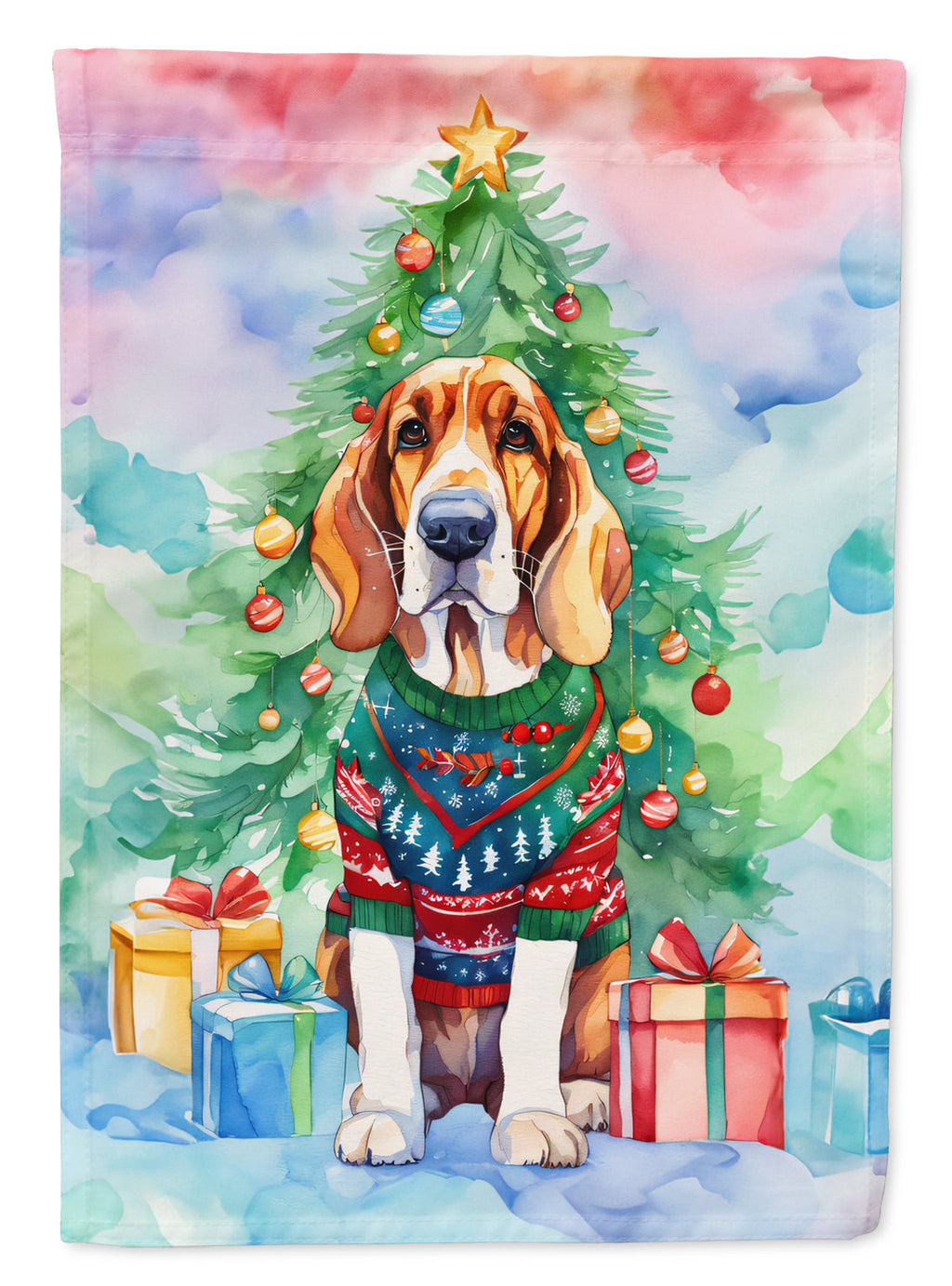 Basset Hound Christmas House Flag 28x40 Porch Sleeve Pole Decorative Outside Yard Banner Artwork Wall Hanging, Polyester