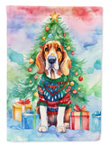 Basset Hound Christmas House Flag 28x40 Porch Sleeve Pole Decorative Outside Yard Banner Artwork Wall Hanging, Polyester