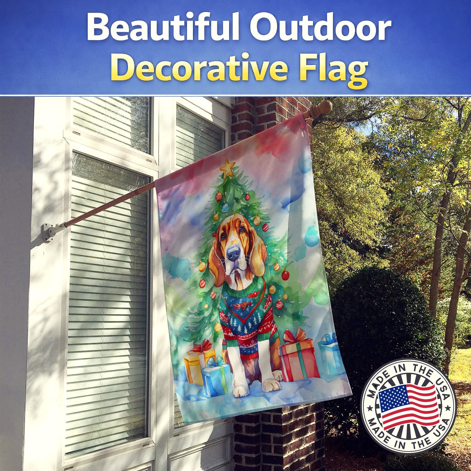 Basset Hound Christmas House Flag 28x40 Porch Sleeve Pole Decorative Outside Yard Banner Artwork Wall Hanging, Polyester
