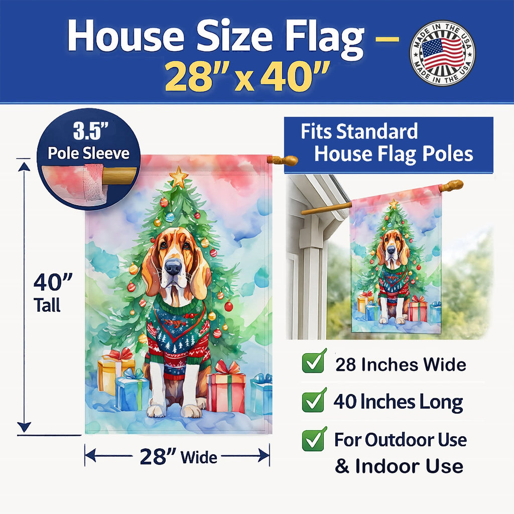 Basset Hound Christmas House Flag 28x40 Porch Sleeve Pole Decorative Outside Yard Banner Artwork Wall Hanging, Polyester
