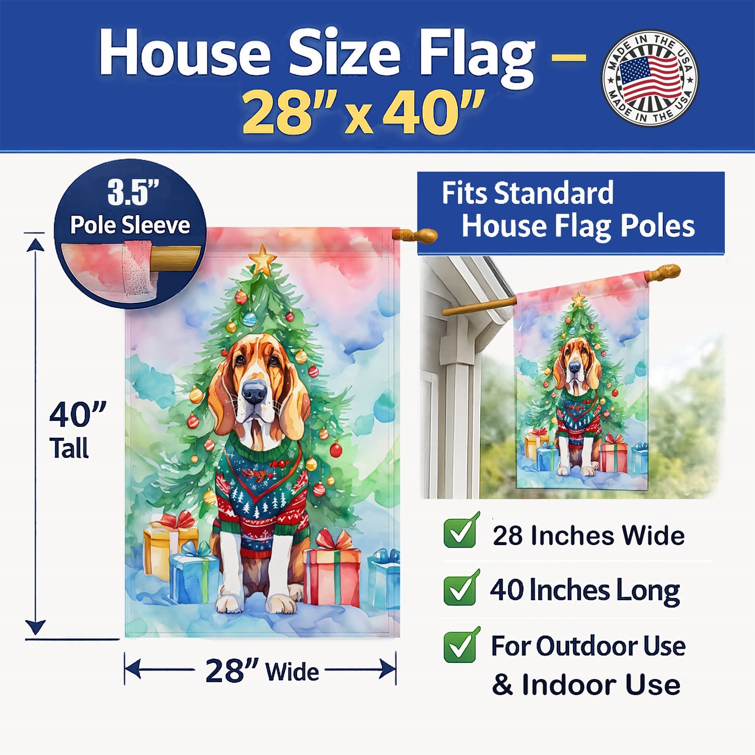 Basset Hound Christmas House Flag 28x40 Porch Sleeve Pole Decorative Outside Yard Banner Artwork Wall Hanging, Polyester