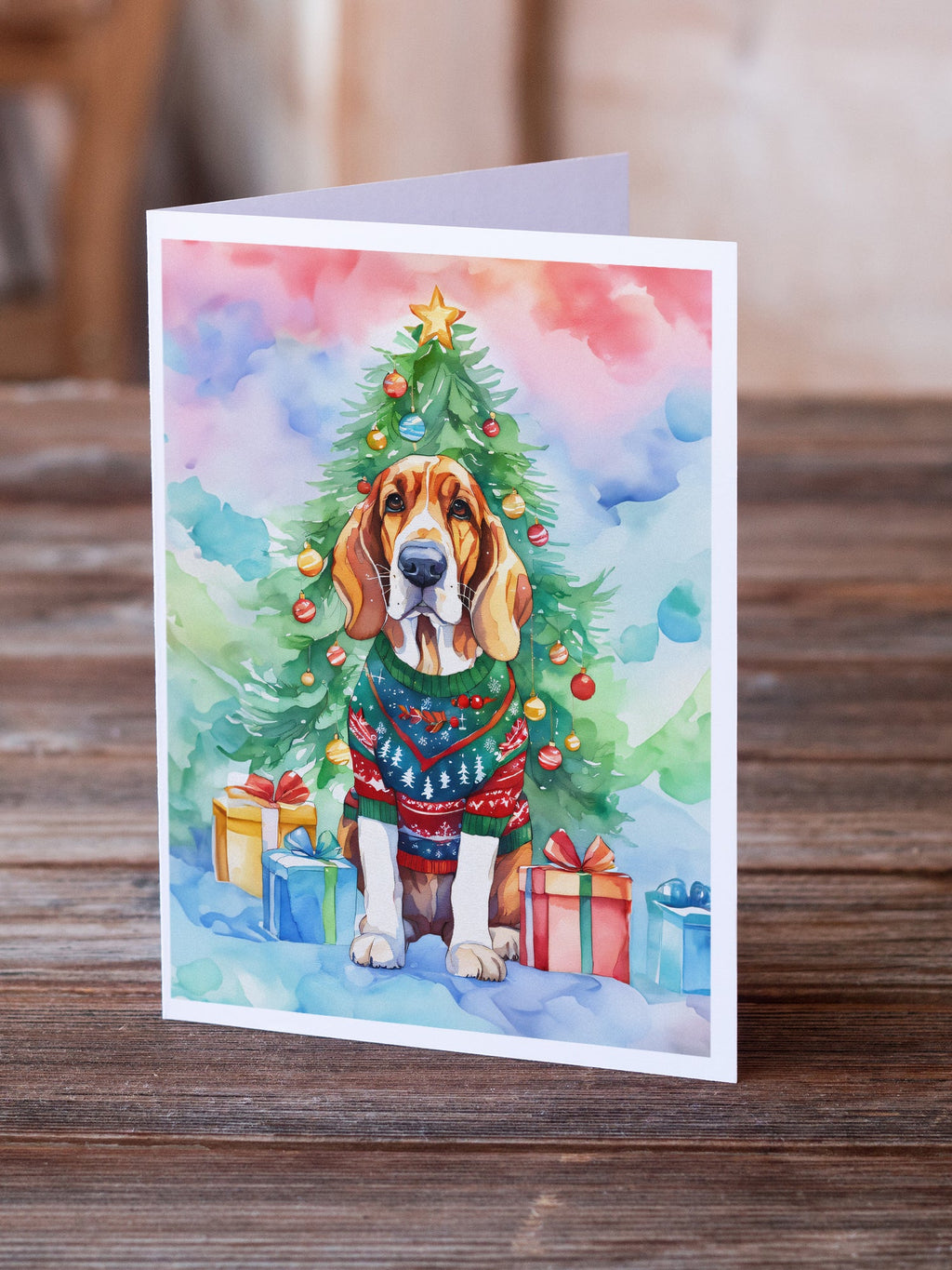 Basset Hound Christmas Greeting Cards Pack of 8 Blank Cards with Envelopes Whimsical A7 Size 5x7