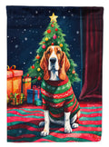 Basset Hound Christmas House Flag 28x40 Porch Sleeve Pole Decorative Outside Yard Banner Artwork Wall Hanging, Polyester