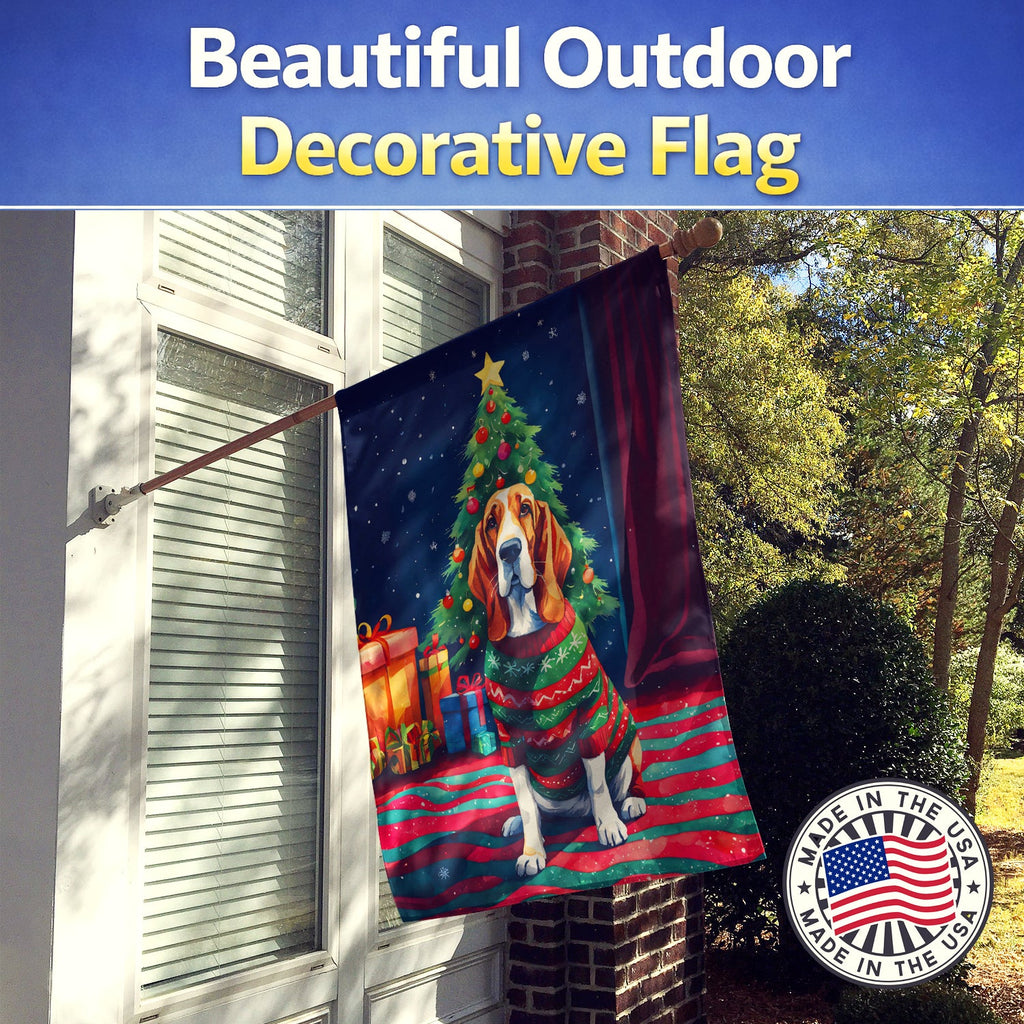 Basset Hound Christmas House Flag 28x40 Porch Sleeve Pole Decorative Outside Yard Banner Artwork Wall Hanging, Polyester