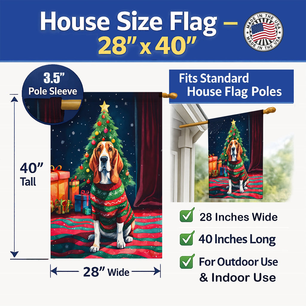 Basset Hound Christmas House Flag 28x40 Porch Sleeve Pole Decorative Outside Yard Banner Artwork Wall Hanging, Polyester