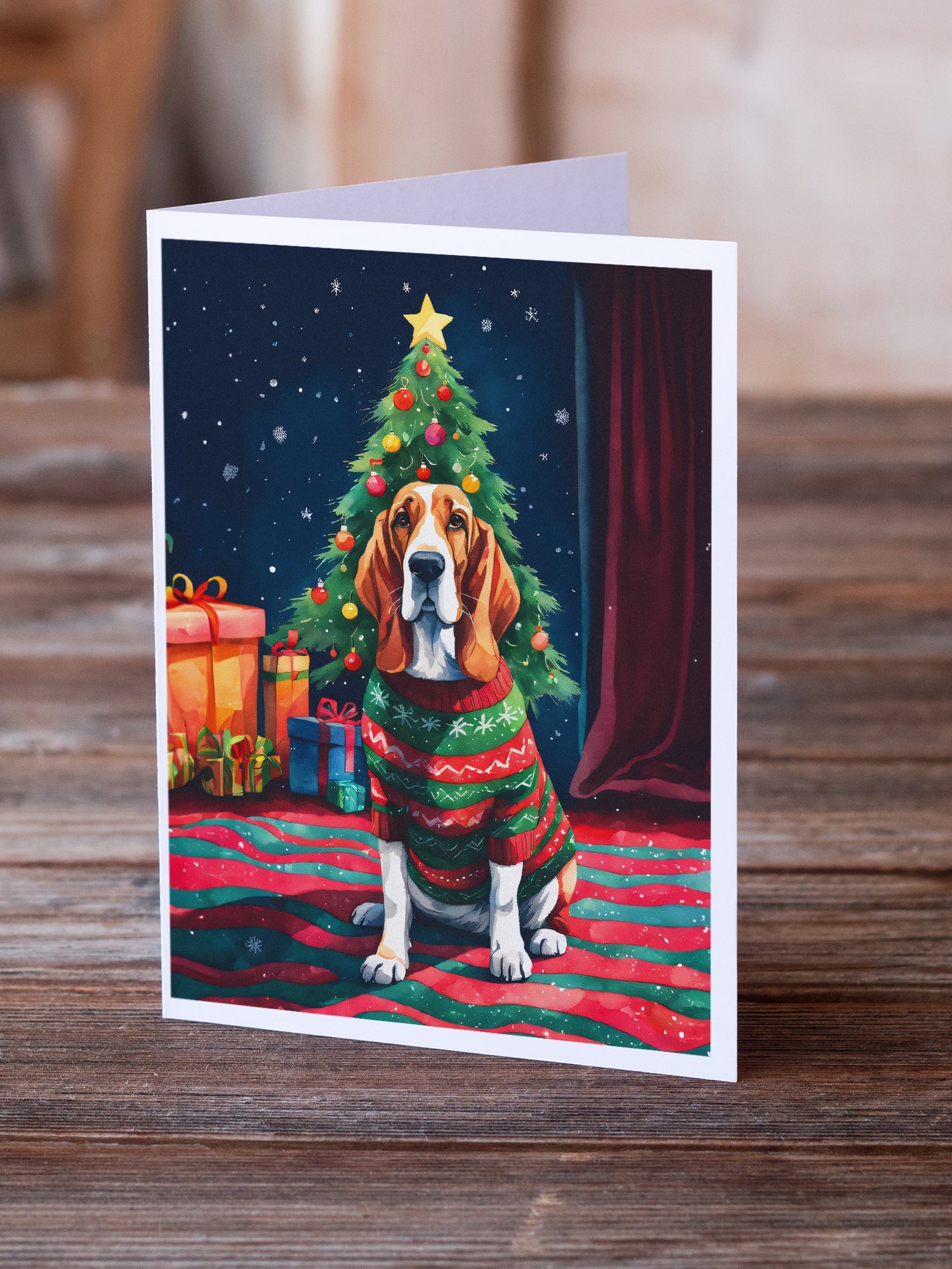 Basset Hound Christmas Greeting Cards Pack of 8 Blank Cards with Envelopes Whimsical A7 Size 5x7