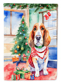 Basset Hound Christmas House Flag 28x40 Porch Sleeve Pole Decorative Outside Yard Banner Artwork Wall Hanging, Polyester