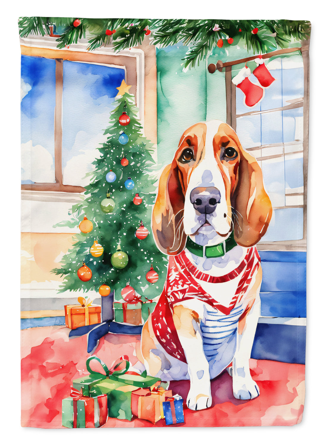 Basset Hound Christmas House Flag 28x40 Porch Sleeve Pole Decorative Outside Yard Banner Artwork Wall Hanging, Polyester