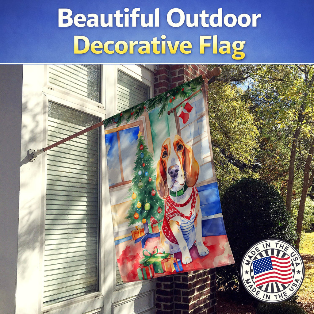 Basset Hound Christmas House Flag 28x40 Porch Sleeve Pole Decorative Outside Yard Banner Artwork Wall Hanging, Polyester