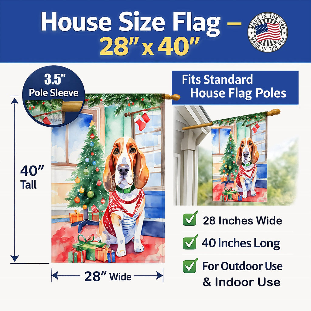 Basset Hound Christmas House Flag 28x40 Porch Sleeve Pole Decorative Outside Yard Banner Artwork Wall Hanging, Polyester