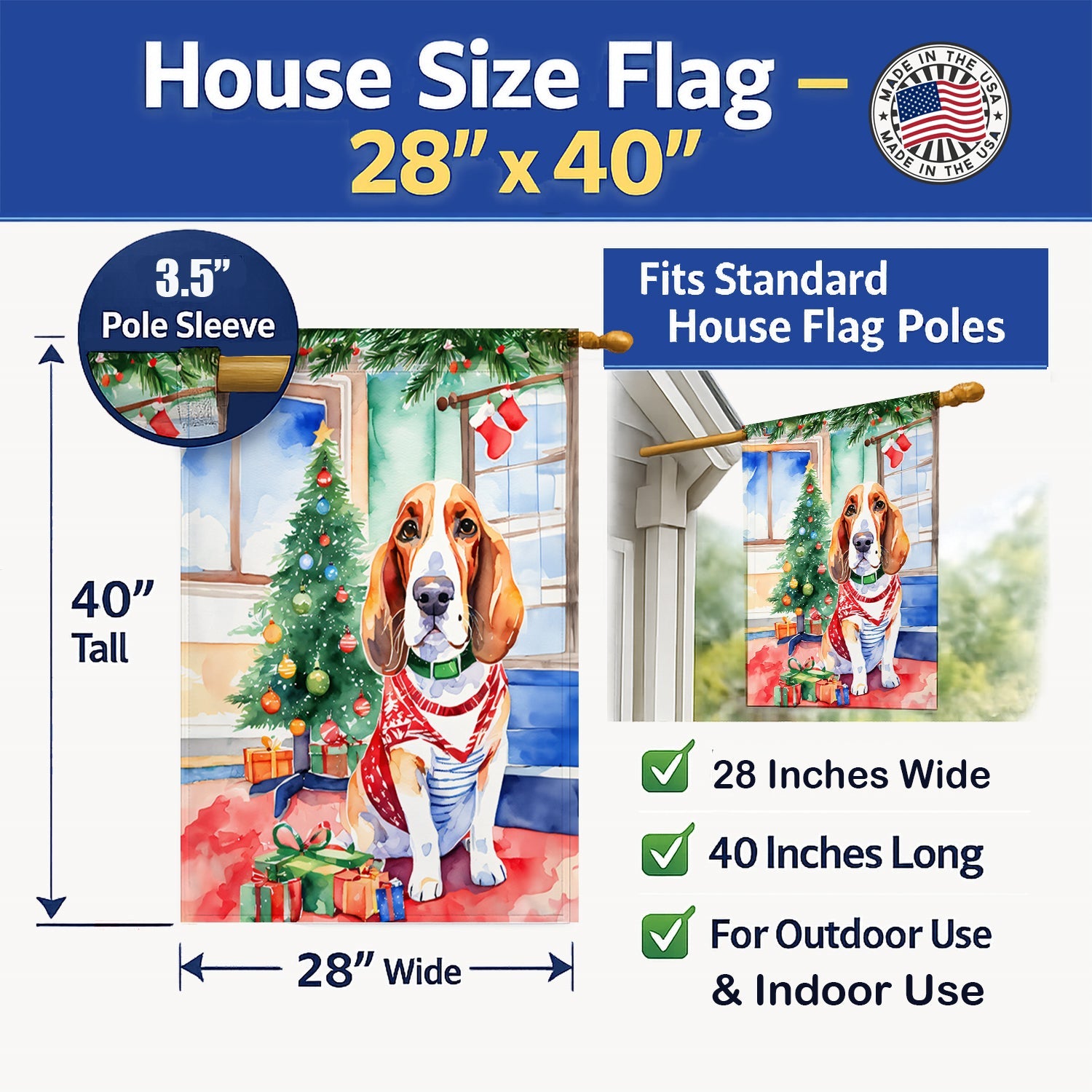 Basset Hound Christmas House Flag 28x40 Porch Sleeve Pole Decorative Outside Yard Banner Artwork Wall Hanging, Polyester