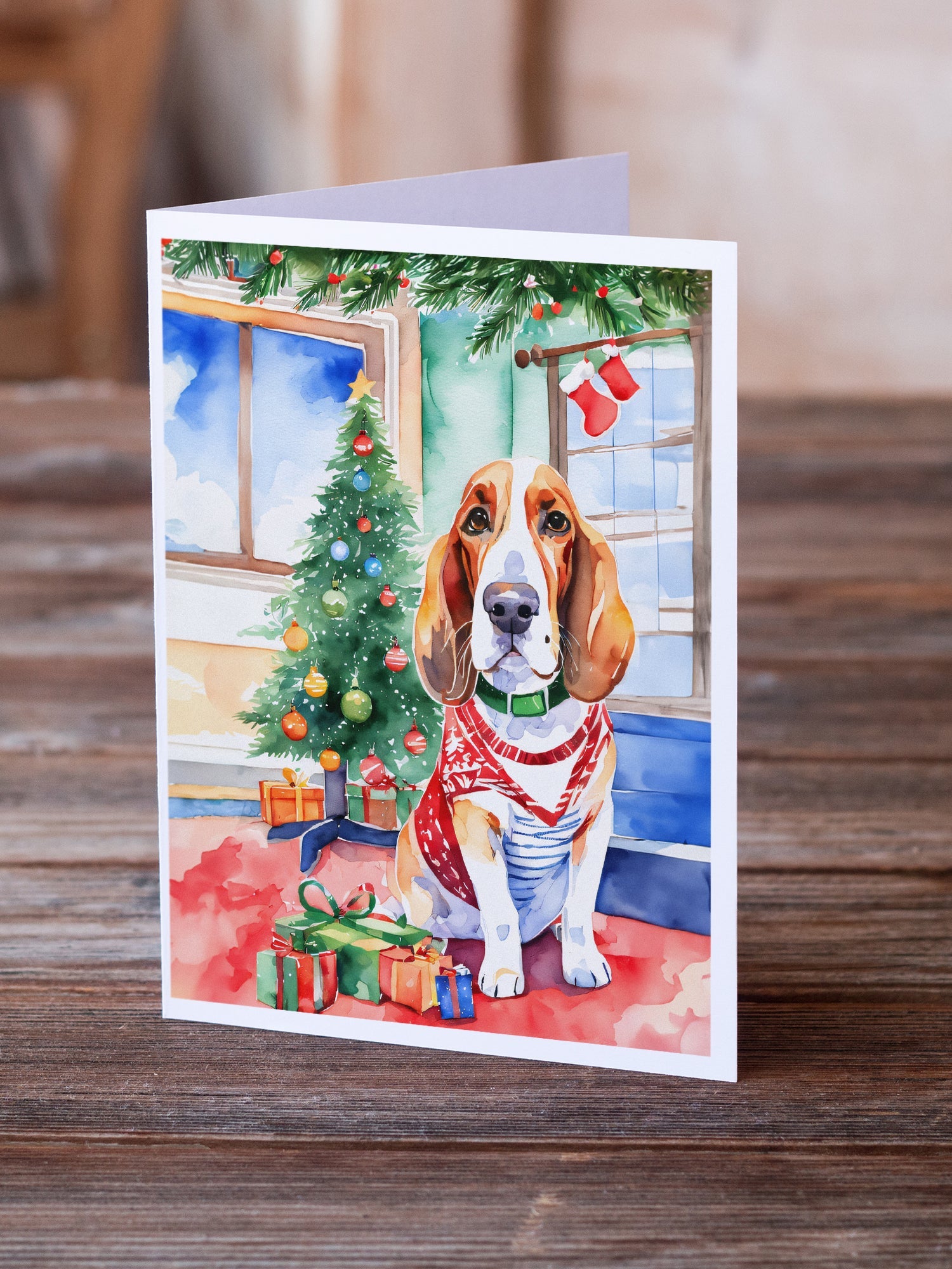 Basset Hound Christmas Greeting Cards Pack of 8 Blank Cards with Envelopes Whimsical A7 Size 5x7
