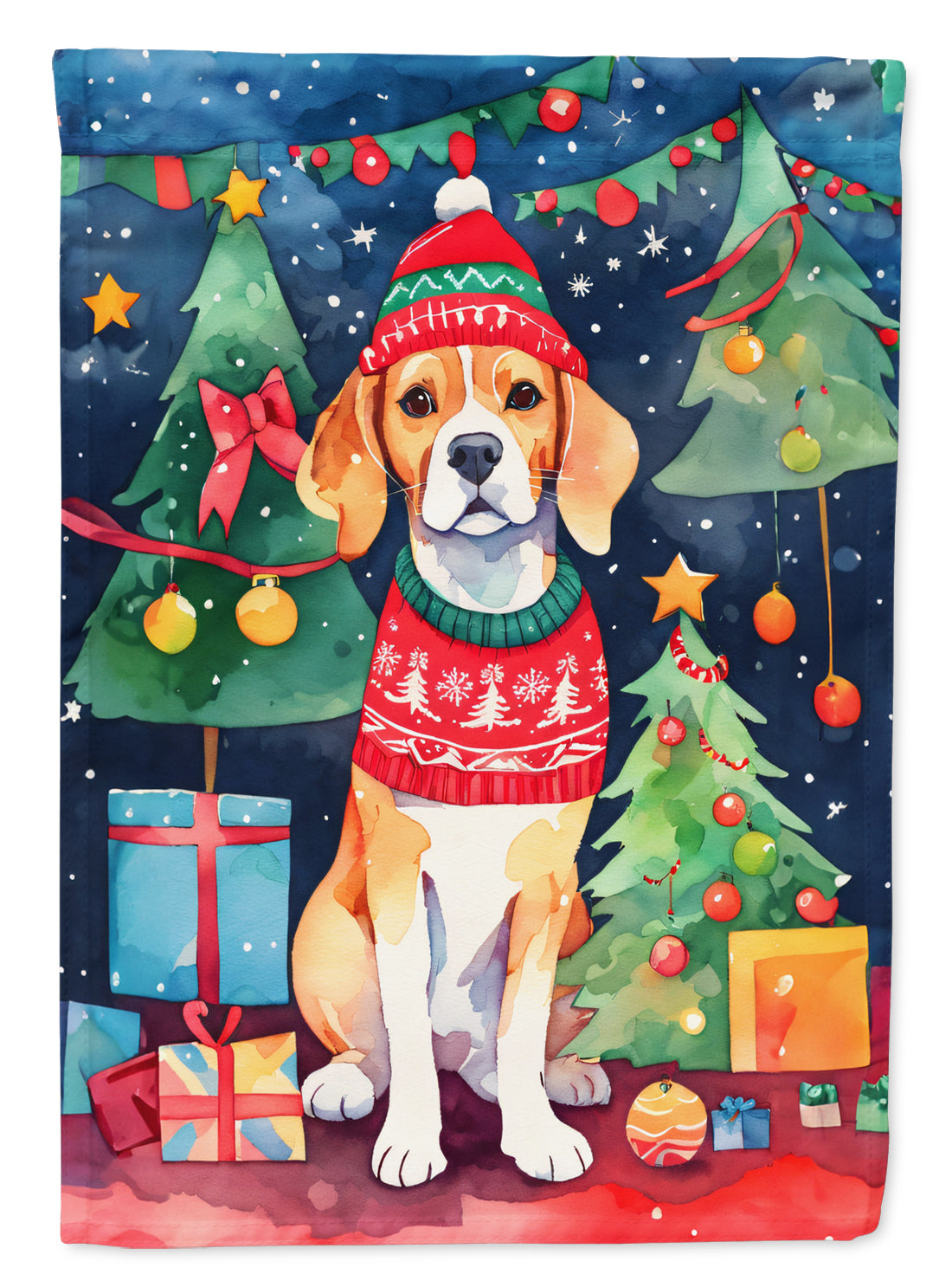 Beagle Christmas House Flag 28x40 Porch Sleeve Pole Decorative Outside Yard Banner Artwork Wall Hanging, Polyester