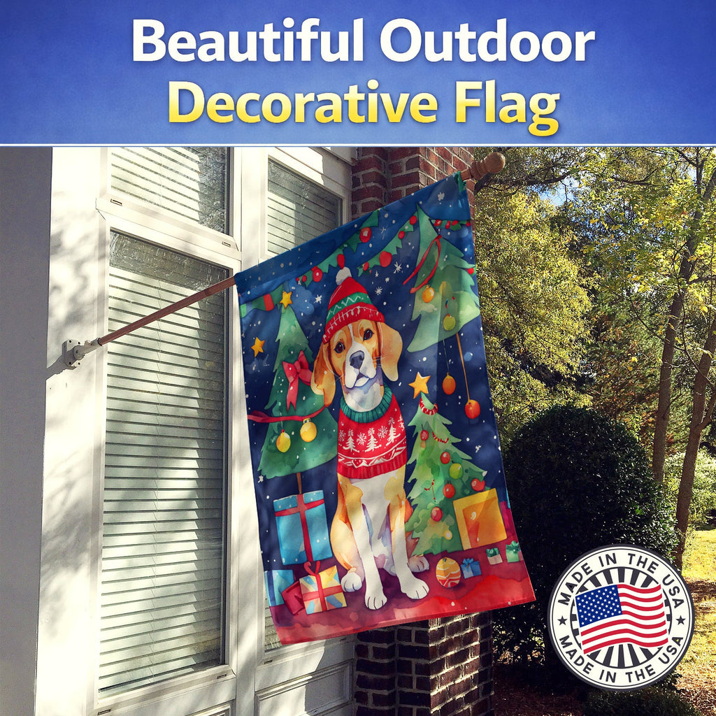 Beagle Christmas House Flag 28x40 Porch Sleeve Pole Decorative Outside Yard Banner Artwork Wall Hanging, Polyester