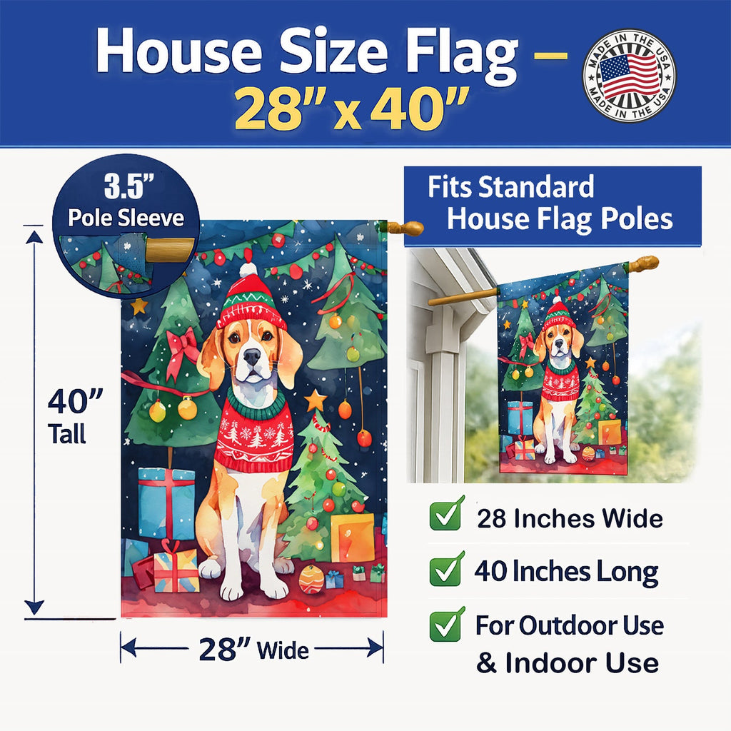 Beagle Christmas House Flag 28x40 Porch Sleeve Pole Decorative Outside Yard Banner Artwork Wall Hanging, Polyester